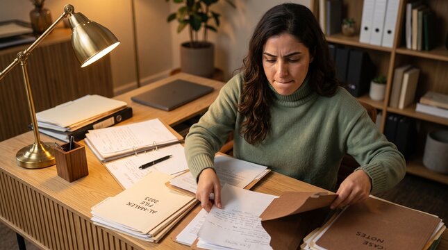 Focused woman reviewing legal documents and paperwork at desk in home office.