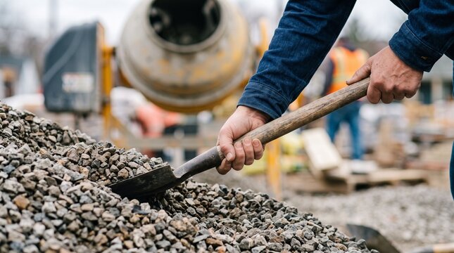 Construction worker shoveling gravel on building site with concrete mixer.