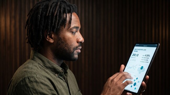 African American man reviewing mortgage rates on digital tablet in office.