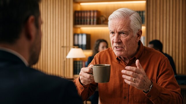 Senior businessman talking with colleague over coffee in modern office.