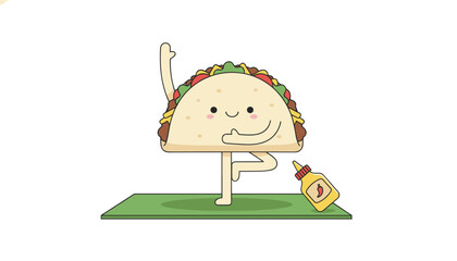Fototapeta premium Cute cartoon taco character performs a peaceful yoga tree pose on a green mat next to a spicy hot sauce bottle.