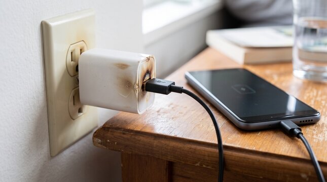 Overheated usb charger plugged into electrical outlet with smartphone with smartphone wooden table burnt usb electricity electronics technology danger safety hazard with damage