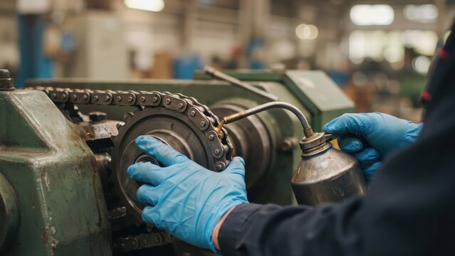 Industrial worker lubricating a machine sprocket and chain in a workshop. Professional maintenance and repair concept for factory equipment.