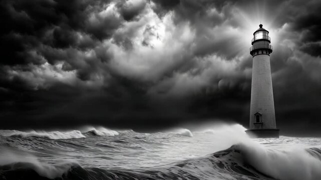 A lighthouse endures strong waves and dark clouds at the coast during a storm showing natures power and resilience