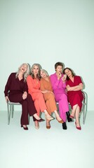 Naklejka premium five mature and senior women sitting closely together on chairs, smiling and posing in bright red, pink and burgundy clothing against a pale studio background