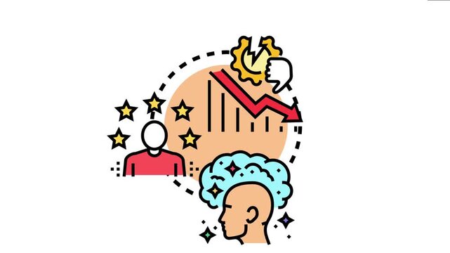 Brand credibility loss impacting customer trust and company reputation, showing a declining bar chart, a broken gear, a thumbs down, and a person's deteriorating perception