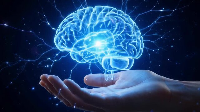 Glowing digital brain hologram floating above open palm in high tech motion animation for advanced scientific artificial intelligence research footage