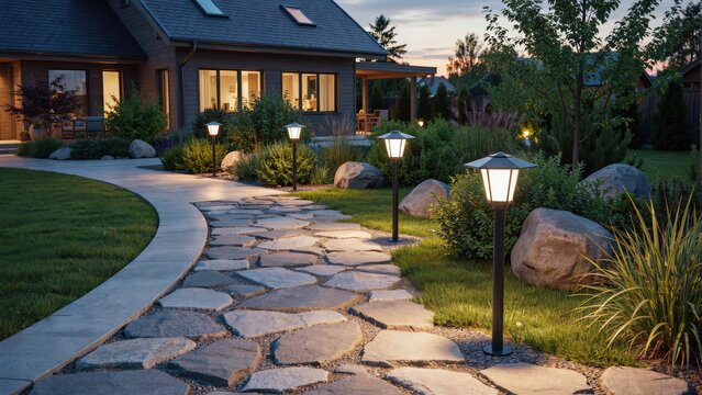Illuminated stone garden path with glowing lanterns at twilight. Perfect landscape design concept for cozy luxury home exterior and outdoor lighting ideas.