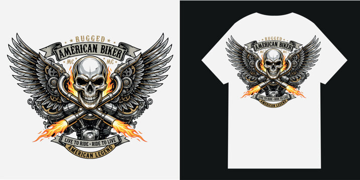 Vintage biker graphic design on a white t shirt with skull wings and crossed pistons