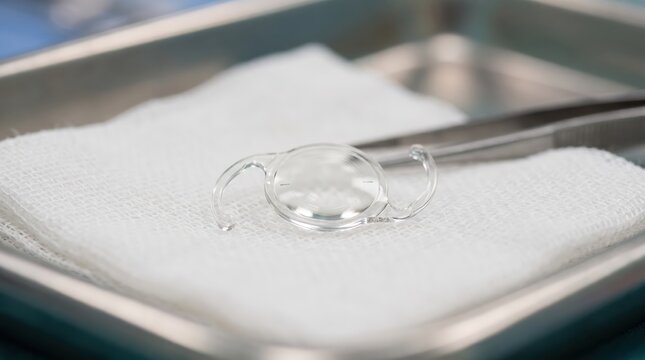 Toric intraocular lens for astigmatism correction placed on sterile gauze in an ophthalmic surgical tray.