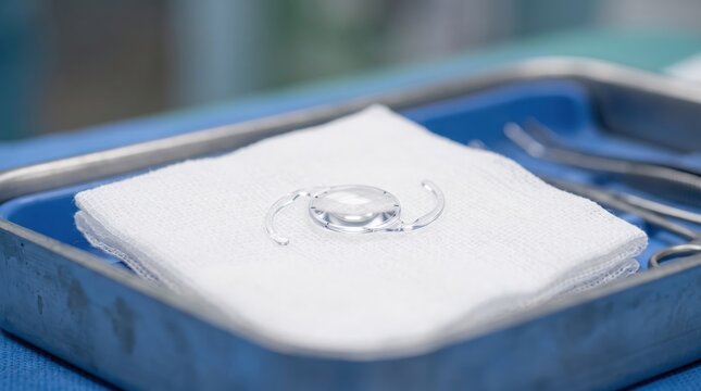 Toric intraocular lens for astigmatism correction placed on sterile gauze in an ophthalmic surgical tray.