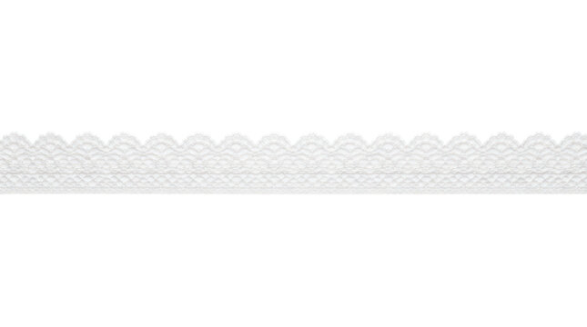 White scalloped lace trim with floral and geometric openwork patterns on plain white background