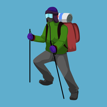 Isolated mountain climber character wearing winter gear with a backpack and trekking poles in flat vector style on a blue background, perfect for adventure, mountaineering, and outdoor activity themes