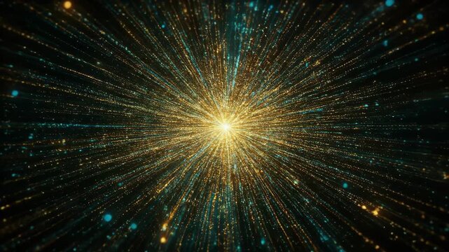 Bright explosion of golden and blue particles radiating from a central point