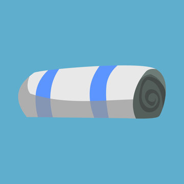 Rolled sleeping mat in white and blue in flat vector style on a blue background, ideal for camping, hiking, travel, and outdoor adventure themes.