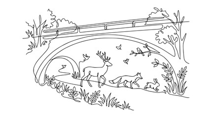Obraz premium Continuous Line Art: Deer, Fox, Rabbit, Birds Under Bridge, Nature Scene
