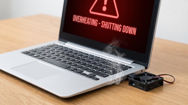 Laptop overheating with external cooling fan on wooden desk with displaying overheating warning screen external black silver laptop technology electronic accessory computer