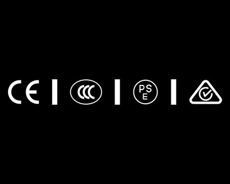 CE CCC PSE and RCM Compliance Certification Icon Set on Black Background