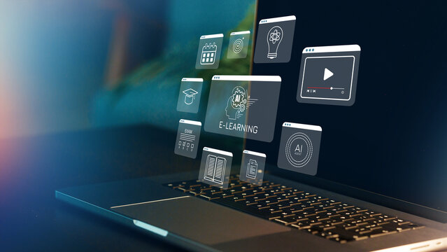 E learning tools displayed on a laptop in a home study environment with various icons showing different subjects