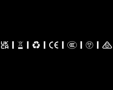 WEEE Recycle CE CCC PSE and RCM Multi-Mark Compliance Icon Set on Black Background