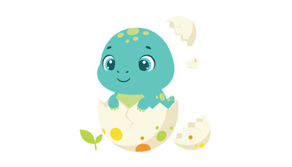 Obraz premium Adorable cartoon baby dinosaur hatching from a spotted eggshell isolated on a plain white background with a green sprout.