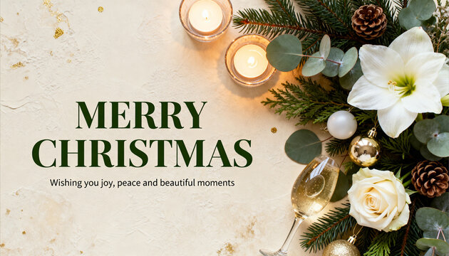 Premium Christmas greeting card with lush fir, eucalyptus, white amaryllis, ivory roses and champagne ornaments arranged on the right. Warm candles, ivory texture and refined typography create a luxur