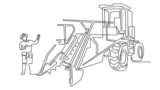 Animated self drawing of continuous line draw young man farmer pointing at large combine harvester machine, representing agricultural innovation, modern crop harvesting. Full length one line animation