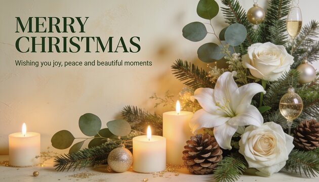 Premium Christmas greeting card with lush fir, eucalyptus, white amaryllis, ivory roses and champagne ornaments arranged on the right. Warm candles, ivory texture and refined typography create a luxur