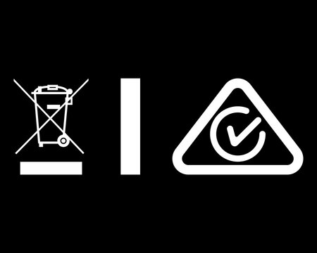 WEEE Waste Bin Symbol and RCM Certification Icon Set on Black Background