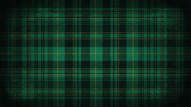 A textured green tartan plaid fabric pattern with a dark vintage vignette. Perfect background for seasonal holiday design or traditional textile projects.