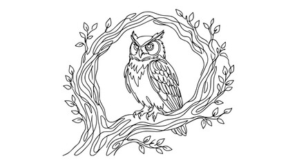 Naklejka premium Detailed Owl Perched on Twiggy Branch Frame, Line Art Illustration