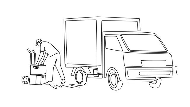 Animated self drawing of continuous line draw young man courier loading cardboard parcel boxes onto a trolley cart behind mini cargo van. Freight delivery and logistics. Full length one line animation