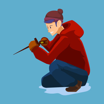 Flat illustration of an ice sculptor crouching while carving with a chisel and mallet. Man in a red winter coat and beanie working on a cold seasonal craft.