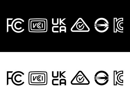 FCC VCI UKCA RCM Circular and KC Compliance Icon Set, Black and White Versions