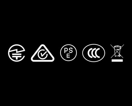 Compliance Circle RCM PSE CCC and WEEE Certification Icon Set on Black Background
