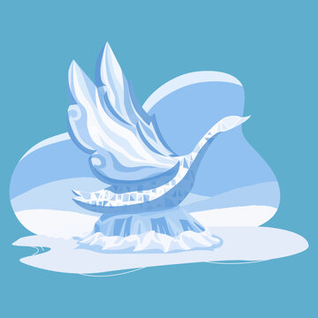 Flat illustration of a frozen ice swan bird sculpture isolated on blue. Winter art statue with detailed carved wings and crystal texture for seasonal designs.