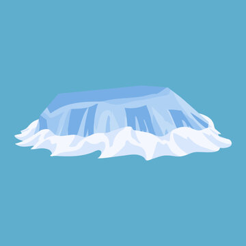 Flat illustration of a frozen ice block base surrounded by a snow pile, isolated on blue. Winter element for seasonal designs, sculptures, or cold scenes.