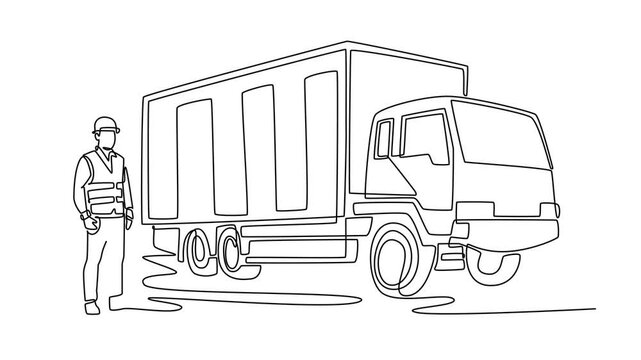 Self drawing animation of single line draw young male driver standing next to large cargo delivery truck, representing logistic, freight, transportation services. Continuous line. Full length animated
