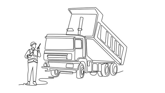 Self drawing animation of single line draw man operating walkie-talkie beside raised dump truck at construction site, industrial transport and civil engineering. Continuous line. Full length animated