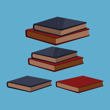 Flat vector illustration of stacked hardcover books in navy, red, and brown covers on a blue background, ideal for education, reading, literature, and library themes.