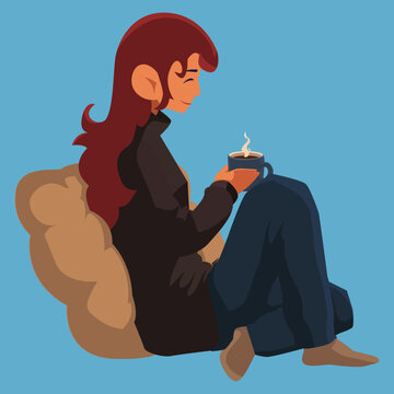 Flat vector illustration of a young red-haired woman in a warm sweater sitting comfortably while holding a steaming mug of coffee, ideal for cozy winter, relaxation, and lifestyle themes.