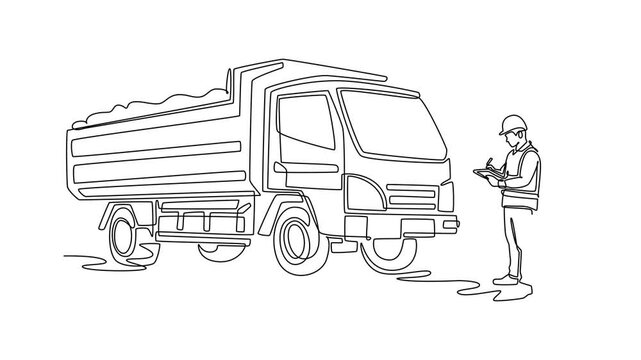 Self drawing animation single line draw male construction site inspector wearing safety helmet, vest while writing on clipboard beside loaded tipper dump truck. Continuous line. Full length animated
