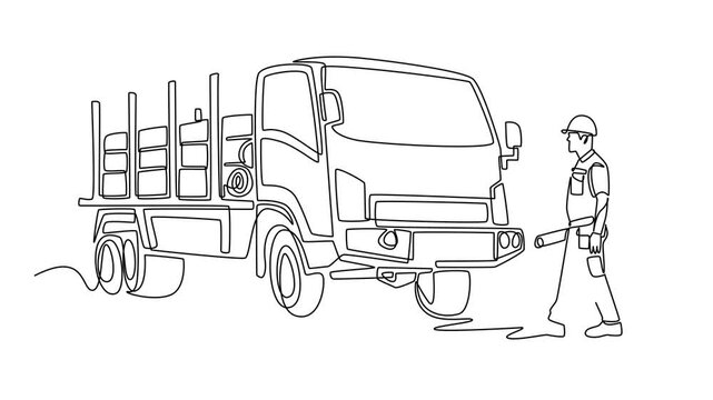 Self drawing animation of single line draw young man working as engineer holding blueprints near timber cargo truck, logging transport and construction site work. Continuous line. Full length animated
