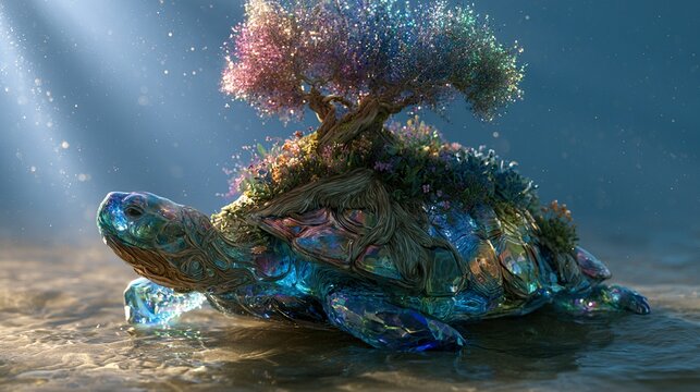 Crystalline turtle with miniature garden on its back. intricate bark and plant patterns. prismatic light scattering. volumetric god rays