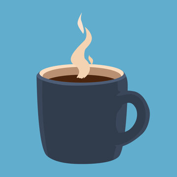Flat vector illustration of a dark blue mug filled with hot steaming coffee on a blue background, great for cafe, beverage, breakfast, and cozy winter themes.