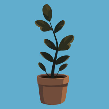 Flat vector illustration of a leafy potted houseplant in a terracotta pot on a blue background, ideal for home decor, gardening, interior, and nature themes.