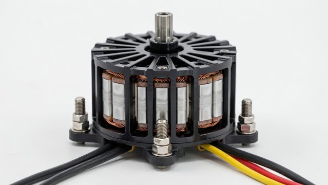 A high-performance brushless DC electric motor isolated on white background. Perfect for industrial engineering, robotics, and advanced technology design projects.