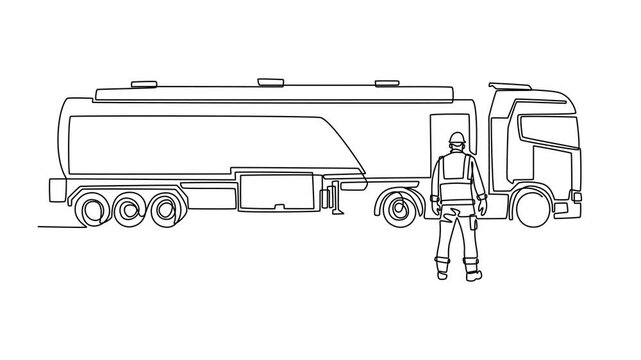 Self drawing animation of single line draw man working as fuel tanker truck driver standing next to large cargo cistern semi trailer. Liquid petroleum transport. Continuous line. Full length animated