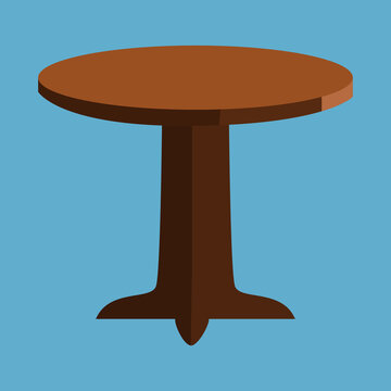 Flat vector illustration of an empty round wooden pedestal table on a blue background, suitable for furniture, home interior, cafe, and decor themes.