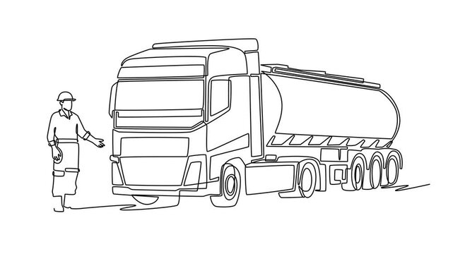 Self drawing animation of single line draw young man driver gesturing toward heavy fuel tanker truck. Petroleum shipping, chemical delivery, and energy logistic. Continuous line. Full length animated